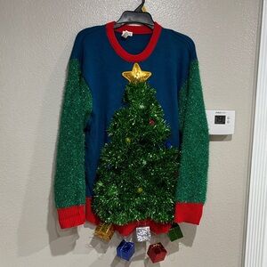 Festive Christmas Tree Sweater with Glittery Green Sleeves